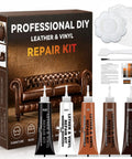 Top Shelf Brown Leather Repair Kit For Couches Car Seats And Furniture featuring various color fillers and DIY tools.