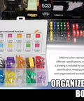 Tight 120 Piece Car Mini Fuse Assortment Kit With Heavy Duty Puller Tool For All Your Rides displayed in organized box, showing various amp sizes and colors.