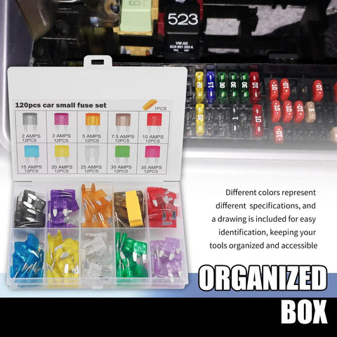 Tight 120 Piece Car Mini Fuse Assortment Kit With Heavy Duty Puller Tool For All Your Rides displayed in organized box, showing various amp sizes and colors.