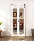 Bi Fold Barn Door With Mirror Panels And Track Kit For Closet 36 By 84 Inches Shatterproof MDF Mirror Doors open view