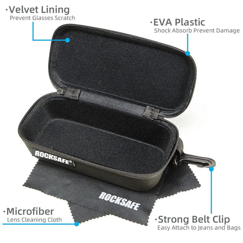Open Large EVA Safety Glasses Case With Reinforced Belt Clip Pack Of 2 Semi Hard Shell Eyewear Protection Storage showing velvet lining.
