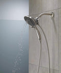 Two In One Dual Shower Head With Handheld Spray In Chrome, Detachable Shower Head With Hose on tiled bathroom wall spraying water