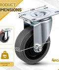 Heavy Duty Four Inch Swivel Caster Wheels Set Of Four With Sturdy Top Plate And High Traction Tpr Rubber Tires detailed measurements