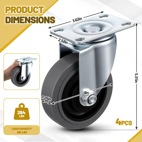Heavy Duty Four Inch Swivel Caster Wheels Set Of Four With Sturdy Top Plate And High Traction Tpr Rubber Tires detailed measurements