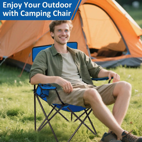 Man sitting in Foldable Camping Chair With Cup Holder, 225 Lb Capacity, Ultra Stable Portable Seat, blue tent in background
