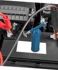 Mini Grease Gun 80cc with Locking Nozzle Manual Lubrication Tool on top of car battery, blue finish, electroplated silver