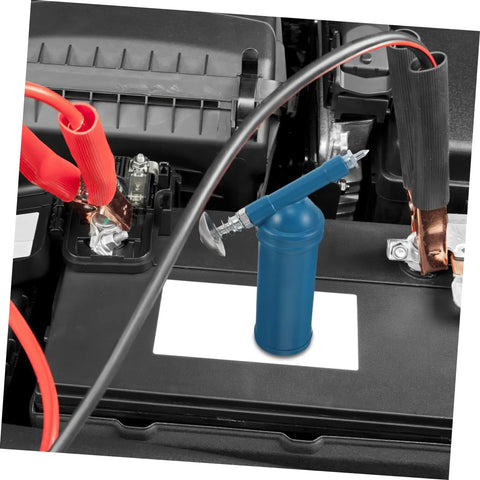 Mini Grease Gun 80cc with Locking Nozzle Manual Lubrication Tool on top of car battery, blue finish, electroplated silver