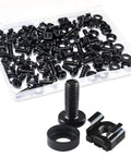 Rock Solid M6 Cage Nuts and Rack Screws Kit Made from Heavy Duty Carbon Steel for Server Racks and Computer Cases Superior Strength and Corrosion Resistance to Keep Your Setup Locked in Tight, showing 10-pack of black screws and cage nuts.