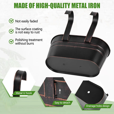 4 Pack Black Metal Hanging Flower Pots To Level Up Railing Decor Iron Planters With Drain Holes Rust Resistant Bucket Holders For Fence Balcony Yard Rock Solid Detachable Hooks with U hooks and drainage holes.