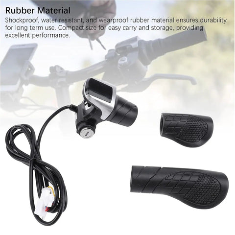 36V Half Twist Ebike Throttle Grip With Key Lock And LCD Display, rubber material, cables visible, for E Scooter MTB Bike