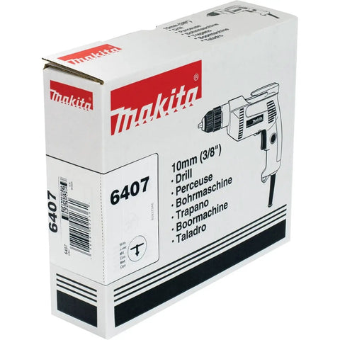 Box of 10mm (3/8 inch) drill, showing Makita branding and product description in multiple languages.