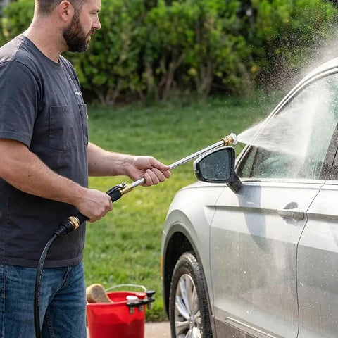 Man using Power Washer Nozzle For Garden Hose With 3 Spray Tips And Quick Connect Brass Wand High Pressure Attachment For Car Wash