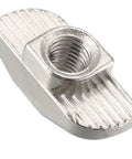 Built Strong 50Pack M5 TSLOT Nuts For Aluminum Extrusion Systems Hammer Head Sliding Fasteners With Nickel Plated Steel Finish close-up of a single fastener.