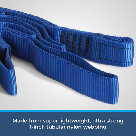 Close-up of tubular webbing on Four Step Nylon Aider Ladder With Tubular Webbing For Tree Work Rock Climbing Bouldering Rescue Hunting And Firefighter Gear Lightweight Etrier For Easy Vertical Access Grab And Go