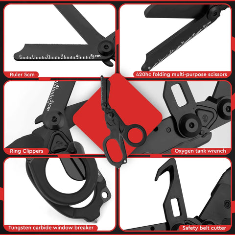 Heavy Duty 6 In 1 Trauma Shears Emergency Scissors With Holster For Camping And Rescue Go To Glass Breaker Strap Cutter Stainless Steel Foldable Scissors Pliers, black foldable 5cm ruler, window breaker and belt cutter