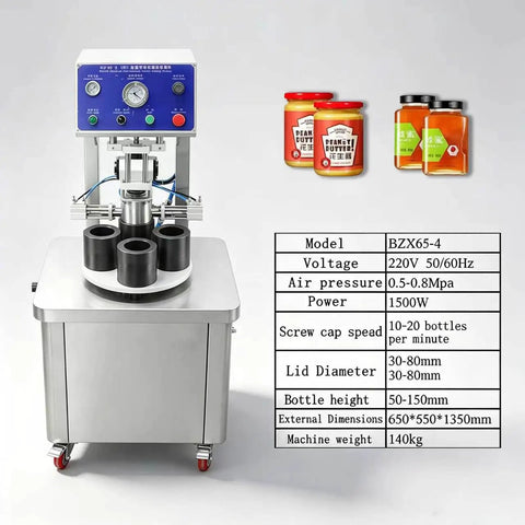 Heavy Duty Vacuum Capper For Glass Jars And Tin Cans With Adjustable 30 To 80 Mm Jaw, shows compact design and multiple jar sizes.