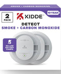 Two In One Smoke And Carbon Monoxide Detector Bundle With Ten Year Battery, Model 30CUD10, Two Pack, Faster Smoke Detection, Red LED Alert For Home Safety. Box front with 2-pack Kidde smoke and CO alarms