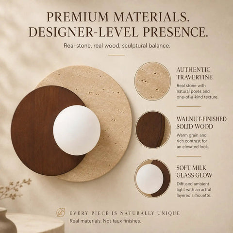 Travertine Wall Sconce Hardwired Glass Globe Wood Modern Japandi Wabi Sabi; round travertine and wood design with globe shade.