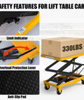 Hydraulic lift table cart with yellow steel frame, 330 lb capacity, four wheels, non-slip pad.