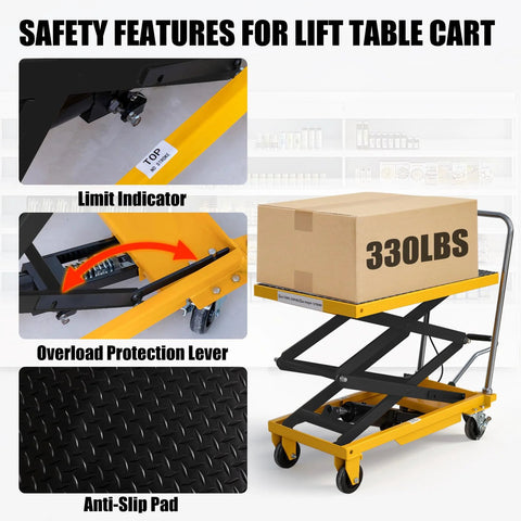 Hydraulic lift table cart with yellow steel frame, 330 lb capacity, four wheels, non-slip pad.