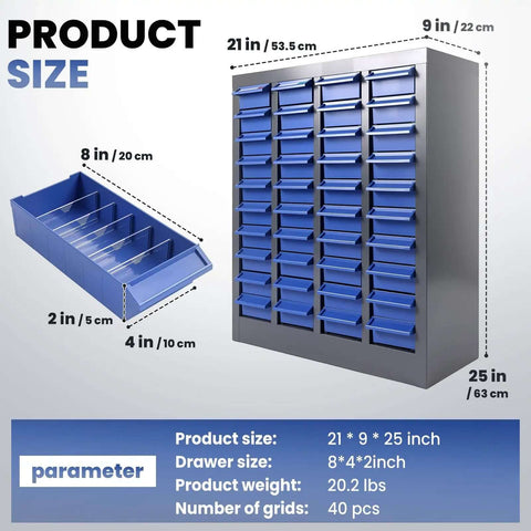 40 Drawer Nut And Bolt Organizer Cabinet With Alloy Steel And ABS Construction, 21 Inches Long By 9 Inches Wide By 25 Inches High
