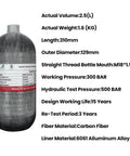 2.5L Carbon Fiber Air Tank 4500psi With Paintball Fill Station And Regulator Gauge For PCP Air Rifles And Scuba Tanks M18x1.5 CE Certified Not DOT Certified, showcasing specifications and measurements on the label.