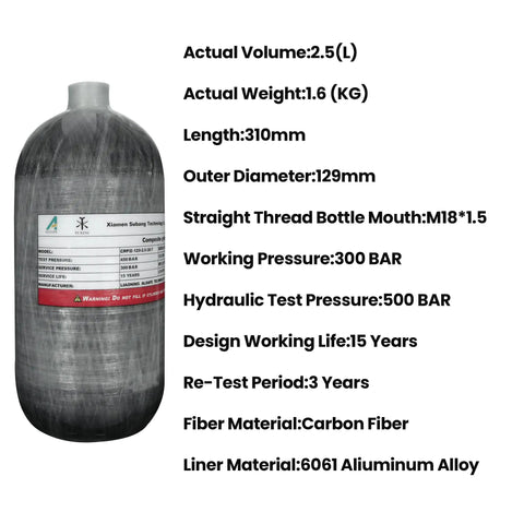 2.5L Carbon Fiber Air Tank 4500psi With Paintball Fill Station And Regulator Gauge For PCP Air Rifles And Scuba Tanks M18x1.5 CE Certified Not DOT Certified, showcasing specifications and measurements on the label.