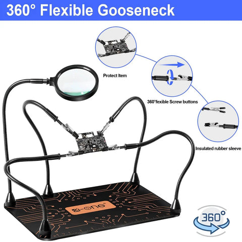 Must Have Helping Hands Soldering Station With 5X Magnifying Glass showing 360° flexible gooseneck and adjustable arms