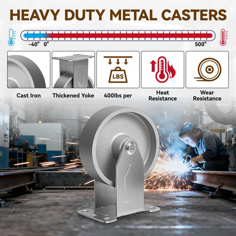 Heavy Duty 4 Inch Cast Iron Caster Wheels Rigid Plate Mount 12 Pack Tough As Nails Industrial Cart Replacement Parts Built Like A Tank For Garage Workshop Applications with 400lbs weight capacity.