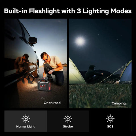Go To Portable Solar Generator 296Wh Kit with 60W Foldable Panel demonstrating lighting modes on road and camping at night
