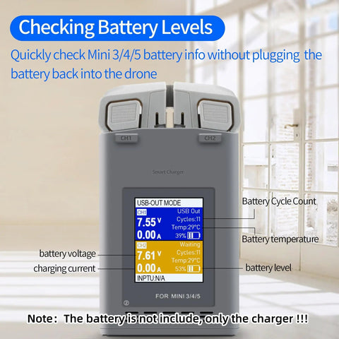 Two Way Battery Charging Dock For Mini 5 Pro And Mini Series Drones With Fast Dual Charge In 60 Minutes Smart Storage Mode Keeps Batteries At 60 Percent LED Indicators And Overheat Protection showing battery info display
