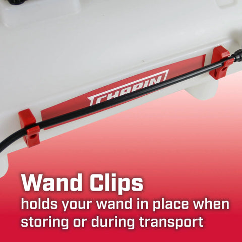 Wand clips on 8 Gallon Chemical Resistant Tank Sprayer For ATV And UTV with 12V Diaphragm Pump and 15 Foot Hose for secure storage