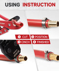 DIY Ready PEX Pipe Clamp Cinching Tool Kit for stainless steel clamps showing step-by-step installation instructions.