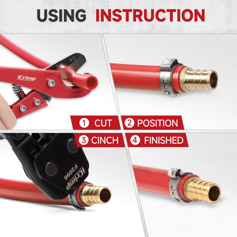 DIY Ready PEX Pipe Clamp Cinching Tool Kit for stainless steel clamps showing step-by-step installation instructions.