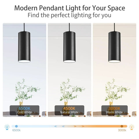 Sleek 4 Inch Led Pendant Lights, 25W Cylinder Hanging Fixtures With Dip Switch, Modern Eye Care Indoor Ceiling Lamps For Kitchen Island Flex Zone Or Home Office Setup In Matte Black 2 Pack showing color temperature options.
