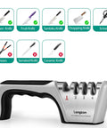 Top Shelf Four Stage Knife Sharpener Kit With Cut Resistant Glove Game Changing Edge Restorer For Quick Daily Kitchen Use And Safer Cutting Work Black Silver Matte Finish Non Slip Base Design showcasing handle and sharpening slots.