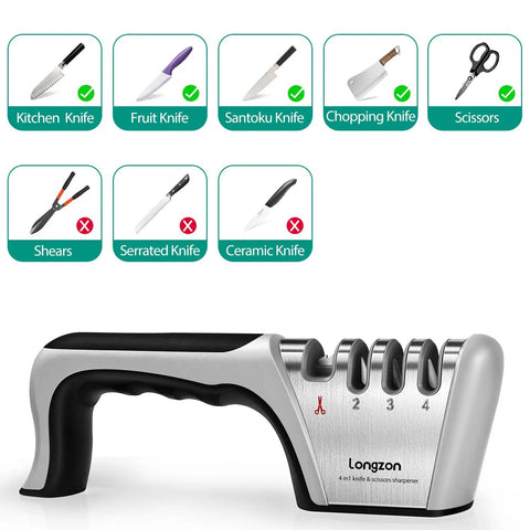 Top Shelf Four Stage Knife Sharpener Kit With Cut Resistant Glove Game Changing Edge Restorer For Quick Daily Kitchen Use And Safer Cutting Work Black Silver Matte Finish Non Slip Base Design showcasing handle and sharpening slots.