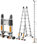 Pro Grade Telescoping A Frame Ladder 16.5 Foot With Dual Locks And Triangular Stabilizers, folded and extended views