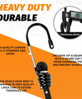 Heavy Duty Bungee Cords With Hooks Eight Pack In Four Sizes showing carbon steel hook and durable latex core.