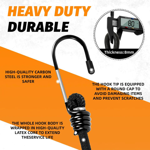 Heavy Duty Bungee Cords With Hooks Eight Pack In Four Sizes showing carbon steel hook and durable latex core.