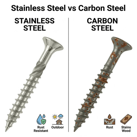 Comparison of stainless steel and carbon steel screws, highlighting the rust resistance of 100 Pack Stainless Steel Deck Screws #10 x 2-1/2 Inch With Wax Coating For No-Fuss Easy Drive, Marine Grade Rustproof Wood Fasteners, Type 17 Point And Star Drive, Includes 2 Free T25 Torx Bits And Custom S2 Steel Bits on the left and the rust-prone carbon steel on the right.