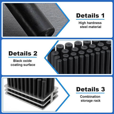 Details of 33 Piece All-In-One Transfer Punch Set With Premium Heat Treated Steel Punches From 1/2 To 1 Inch In 64th Increments
