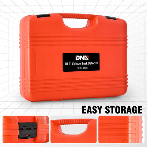 DNA TU-21 cylinder leak detector kit in orange hard plastic carrying case, front view