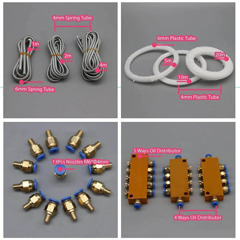 4mm and 6mm tubing, nozzles, and oil distributors for 2L CNC Lubrication Pump Kit with electromagnetic automatic oiling system