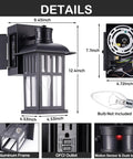 Outdoor Porch Light With Built In GFCI Outlets Dusk To Dawn Motion Sensor And Three Mode Settings for Wall Mount, aluminum lantern