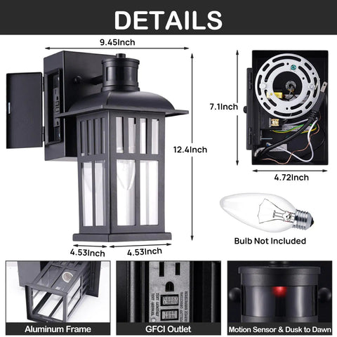 Outdoor Porch Light With Built In GFCI Outlets Dusk To Dawn Motion Sensor And Three Mode Settings for Wall Mount, aluminum lantern