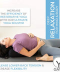 Restorative Yoga Bolster Made From 100 Percent Cotton With Extra Washable Cover And Carry Bag Includes Eighteen By Eleven By Six And A Half Inches Pillow, woman using black bolster