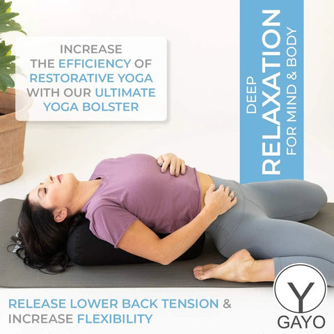 Restorative Yoga Bolster Made From 100 Percent Cotton With Extra Washable Cover And Carry Bag Includes Eighteen By Eleven By Six And A Half Inches Pillow, woman using black bolster