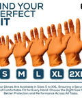 Heavy Duty Orange Nitrile Work Gloves - 8 Mil Thick Diamond Texture - 500 Count Large Bulk Bucket - Chemical Resistant Latex Free - Built Tough For Automotive Mechanic Shop Work - Hella Durable Grip displayed in sizes S to 2XL.