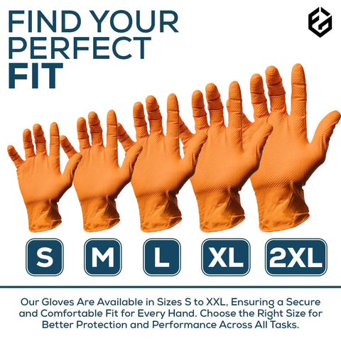 Heavy Duty Orange Nitrile Work Gloves - 8 Mil Thick Diamond Texture - 500 Count Large Bulk Bucket - Chemical Resistant Latex Free - Built Tough For Automotive Mechanic Shop Work - Hella Durable Grip displayed in sizes S to 2XL.